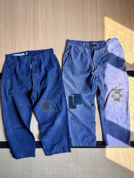 Pantaloni da lavoro francesi vintage anni '50 blu toppa rattoppato