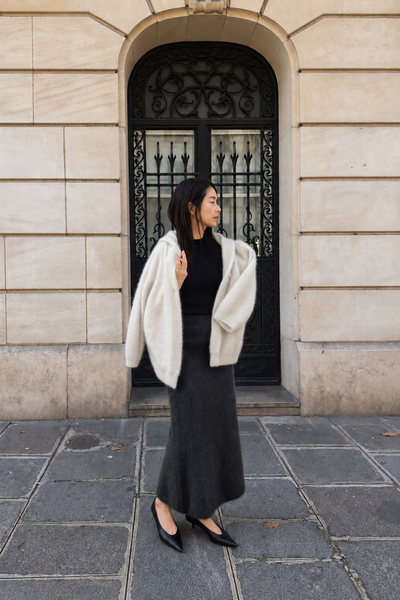 Cardigan con cappuccio in cashmere e volpe