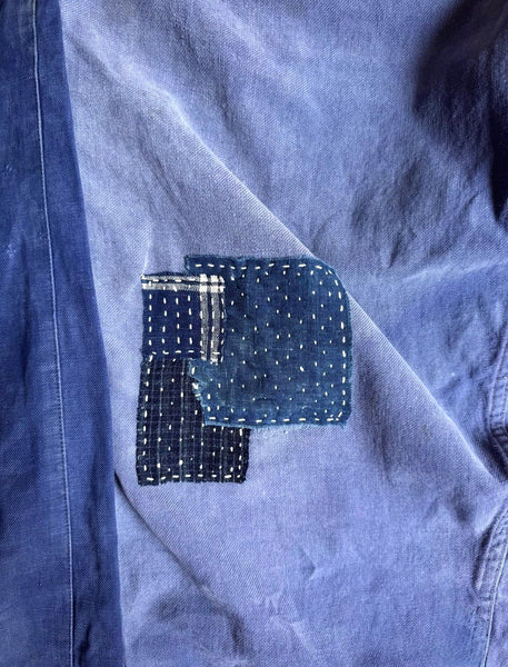 Pantaloni da lavoro francesi vintage anni '50 blu toppa rattoppato